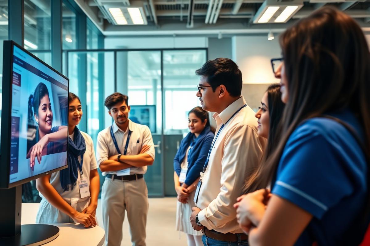 Students visiting a company and interacting with an industry professional